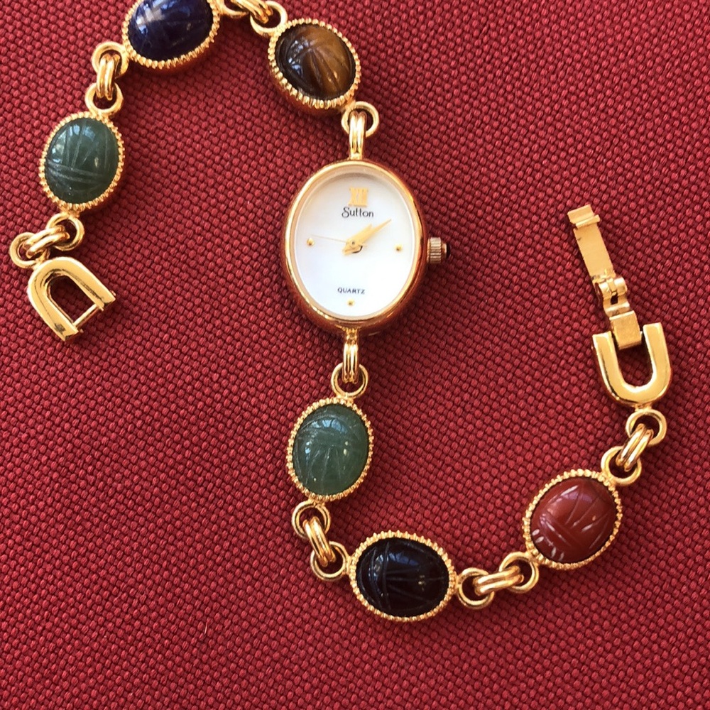 Sutton gold stone scarab watch w/quartz face